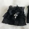 Five Fingers Gloves Black Gothic Punk Lolita Cross Pendant Hand Sleeve Wrist Cuffs Ruffled Floral Lace Elastic Bracelet B2113 230712