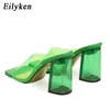 Sandaler Eilyeken Green PVC Transparent Jelly Women's Slide Street Style Open Toe Crystal Tjock High Heel Party Slide 230713