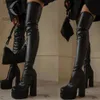 Stövlar kvinnor lår höga stövlar dubbel plattform block höga klackar över knästövlarna zip sexiga långa skor stövlar för kvinna t230713