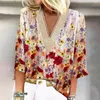 Women's Blouses Floral Print Top Hollow Out Lady Colorful Flower V Neck Three Quarter Sleeves A Stylish For Summer