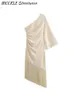 Abiti sexy urbani Nappe eleganti Abiti da festa Una spalla Piega sottile Midi Bianco Donna 2023 Pacchetto anca in raso Club Street Lady Robe 230713