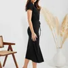 Casual Dresses Summer Hip-Wrapped Dress V Neck High Midist Hem Split Midi Drawstring Hip European Fashion For Cocktail Party