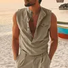 Men's Tank Tops Vintage Linen Hooded Shirts Men Sleeveless Vneck Loose Blouse Summer Male Fashion Hoodid Tshirts Vest Streetwear 230713