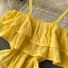 Casual Dresses Blue Yellow Fashion High Street Midi Long Dress Women Hollow Out Sexy Strapless Backless Beach Vacation Robe SR752