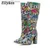 Boots Eilyken Colorful Snake Skin Boots Women High Heels Thick Mid-calf Boot Distressed Pointed Toe Zip Pleated Slouch Shoes T230713