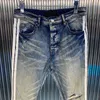 Herr jeans streetwear mager casual vitkant ränder rippade byxor klassisk vintage blå tvättbomullbyxor punk denim