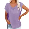 T-shirts pour femmes plissés en V Couleur de couleur décontractée en vrac à manches courtes à manches longues extra-longue superficies soyeuses tops haut pour femmes en été