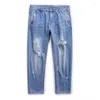 Jeans masculinos de nove pontos rasgados de jeans arruinou elasticidade solta harlan rlq1