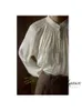 Women's Polos Women's Autumn White Acetate Satin Pleated Shirt French Vintage Standing Neck Lantern Sleeve Super Temperament Top Blusas