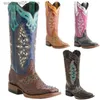 Сапоги Ambriodery Flower Cowboy Boots Женщины колена высокая смесь красочная мода высокие ботинки.
