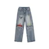 Уличная одежда винтаж разорванные покраски Джинсы Женщины лето с высокой талией хип -хоп просеяние мешковатые брюки ретро прямой джинсовая ткань