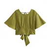 Women's Blouses Backless Design Top Women 2023 Olive Green Crop Female O Neck Vintage Short Sleeve Blouse Summer Streetwear Chic Tops