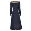 Casual Dresses Hollow Out Embroidery V Neck Long Sleeve Knee Length A Line Elegant Dress 2023 Spring Summer Arrivals Navy / Brown S - XXL