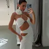 Work Dresses 3D Flower Sexy Halter Two Piece Skirt Outfits 2023 Summer White Black Cut Out Women Crop Top And Long Bodycon Skirts Sets