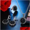 Boucles D'oreilles Collier Vintage Noir Gem Boucle D'oreille Anneau Ensemble De Bijoux De Mode Femmes Antique Sier Cristal Rond Pierre Pendentif Cadeaux 1Setis4P Dhkaz