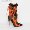 Bottes 2022 printemps talons hauts bout pointu mi-mollet bottes pour femmes mode camouflage imprimé stiletto à lacets chaussures pour femmes Botas Mujer T230713