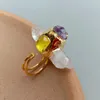 Cluster Rings KKGEM 21x43mm Natural Amethyst Druzy White Quartz Point Yellow Crystal Ring Gold Plated Adjustable Gems