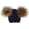 Berets Baby Mädchen Jungen Winter Kinder Wolle Hüte Mit Doppel Echt Fell Pompon Kinder Kappe Dicke Warme Gestrickte Mützen Outdoor winddicht