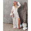 Vestidos casuales De encaje Maxi para mujer Vestido de verano para mujer Elegante con cuello en V Jersey con abertura Manga larga Estilo de playa Vestidos De Fiesta