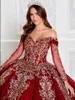 Burgundy Off Shoulder Long Sleeve Quinceanera Dresses Gillter Appique 스팽글 자수 레이스 Sweet 15 vestido xv anos rojo