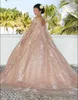 Rose Gold-mönstrade glitter quinceanera-klänningar med Cape Sparkly paljetter med pärlor snörning korsett söta 15 vestidos de debutantes