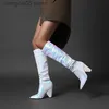 Boots RIBETRINI Pointed Toe High Heels Knee High Boots For Women Glitter Sequined Pleated Dress Wedding Multicolor White women's Boots T230713