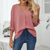 Blusas Femininas Camisa Longa Feminina Algodão Elastano Manga Chiffon Blusa Decote em V Frente Plissada Tops Curtos Para Casual