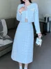 Sukienki robocze 2023 Wiosna Kobiety Blue Plaid Dwuczęściowy zestaw tweedowy tweedowy tweedowy płaszcz z kurtką wysokiej talii