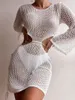 Women's Swimwear Women Beach Bikini Cover-Ups Dress Long Sleeve Crochet See-Through Hollow Out Knitted Mini Swimsuits