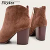 Stiefel Eilyken 2023 Herbst Faux Wildleder Stiefeletten Frauen High Heel Seite Reißverschluss High Top Gestapelter Blockabsatz Kurze Western Cowboy Booties T230713