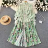 Casual Dresses Summer Fashion Chiffon Dress Women's Autumn Long Lantern Sleeve Flower Print Belt Loose Bohemian Vacation Vestidos Maxi