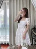 New S-elf Portrait Stitched Flower Lace Short Sleeve Square Neck White Short Dress Cocktail dress