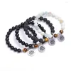 Strand Lotus Pendant 8mm Stone Black Lava Rock Matted Beads Yoga Reiki Therapy Bracelets Men Women Jewelry