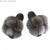 Slippare Pom Women's Fur Slider Fluffy Real Fox Päls Slider Päls Raccoon Päls Sandaler Kvinnor Söta päls Boll Flip Shoes Z230717