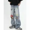 Уличная одежда винтаж разорванные покраски Джинсы Женщины лето с высокой талией хип -хоп просеяние мешковатые брюки ретро прямой джинсовая ткань