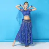 Bühnenkleidung, Halloween-Kleidung, Bauchtanz-Kostüm, Sari, Bollywood-Set, Damen-Outfit, Festival, Leistung, Chiffon