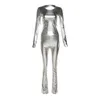 Women's Two Piece Pants Y2K Metal Color Tight Top High Fanny Wrap Hip Suit Funky Girls Rave Outfits Women Long Sleeve T-shirt Slim Pencil