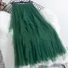 Skirts Petal Tulle Skirt Female Autumn Winter Mid-Length High Waist Slim Ruffled Pleated 3 Layers Mesh Long