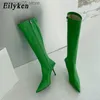 Stivali Eilyken 2023 New Green Soft Punta a punta Stivali alti al ginocchio Sexy Tacchi alti Cerniera Donna Botas De Mujer T230713