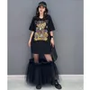 Casual Kleider Frauen Bohren Diamanten Cartoon Stickerei Mesh Kleid Rüschen Strass Perlen T-Shirts Gaze Gespleißt Tees Vestidos