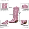 Botas metálicas botas de caubói femininas botas ocidentais para mulheres 2022 zíper bordado ponta do pé salto alto sapatos de inverno rosa vermelho ouro metálico t230713