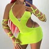 Robes décontractées 2023 vert néon licou évider Sexy taille haute moulante femmes coupe basse col en V dos nu pure Club fête Bandage court