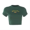 Camiseta Feminina Y2K Bordado Carta Estampada Costura Verde Crop Top Anos 90 Gola O Manga Curta Retro bf Clothing T-shirt G220612