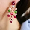 Stud Wholesale Romantic Cubic Zircon and Green-Red color Stone Geometric Fan-shaped Long Dangle Earrings Rose Gold Plated Jewelry 230712