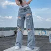 Kvinnor Jeans Streetwear Straight Pants Ladies Ripped Mid midja Löst bredben Y2K Summer High Street Cargo 230713