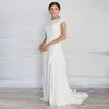 Simple A-line Crepe Wedding Dress Modest With Cap Sleeves High Neck Sweep Train Women Informal Boho Beach Bridal Gowns Bride Robe 2829