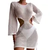 Women's Swimwear Women Beach Bikini Cover-Ups Dress Long Sleeve Crochet See-Through Hollow Out Knitted Mini Swimsuits