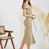 Casual Dresses Summer Hip-Wrapped Dress V Neck High Midist Hem Split Midi Drawstring Hip European Fashion For Cocktail Party