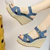 Sandalias de tacón alto para mujer, sandalias informales con cuña, zapatos de verano de talla grande para mujer, sandalias de alpargata con punta abierta y correa de tobillo Vintage para mujer 230713