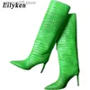 Buty Eilyken marka fluorescencyjna zielona niebieska odile skórzana skórzana kobiety kolanowe buty Obcasy spiczasty palce jesienne buty czarne T230713